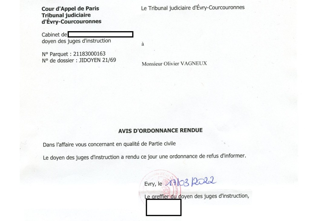À Mesdames le Procureur et le Doyen des juges d&rsquo;instruction du Tribunal judiciaire d&rsquo;Évry-Courcouronnes, cela commence vraiment à se&nbsp;voir…