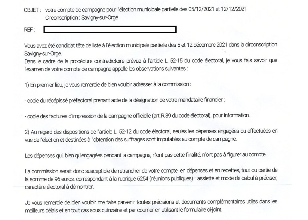 Transparence Municipale 2021 à Savigny-sur-Orge : le rapporteur de la Commission des comptes de campagne m&rsquo;écrit mais à ne rien à me&nbsp;dire…