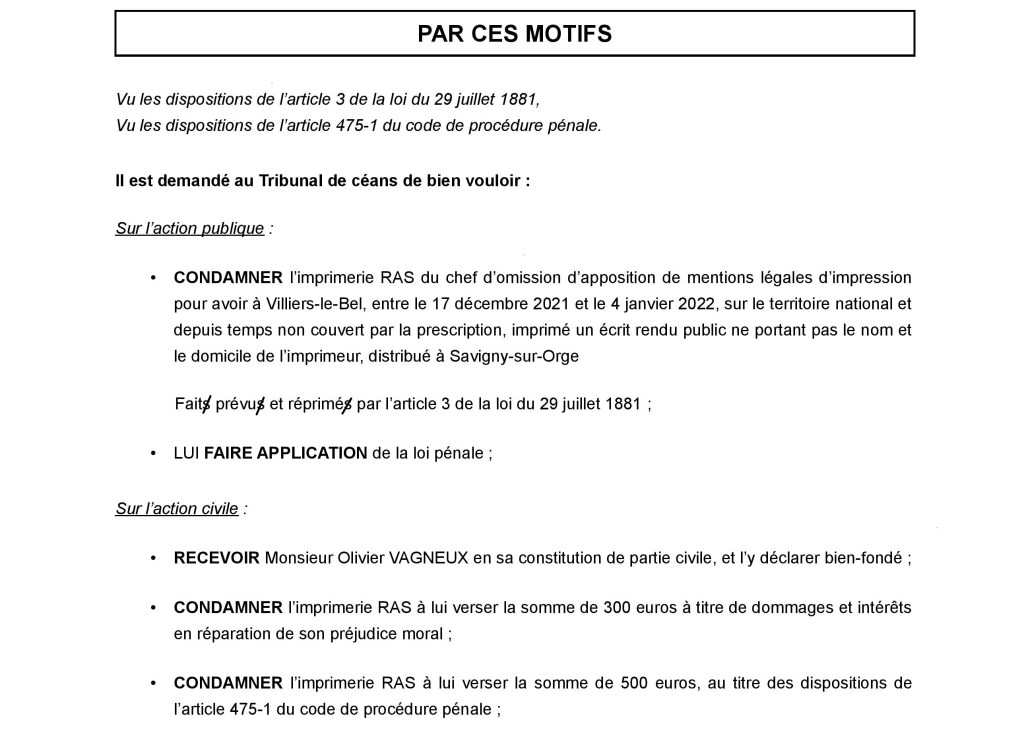 Affaire VAGNEUX c/Imprimerie RAS : le Tribunal de police de Pontoise soulève son&nbsp;incompétence
