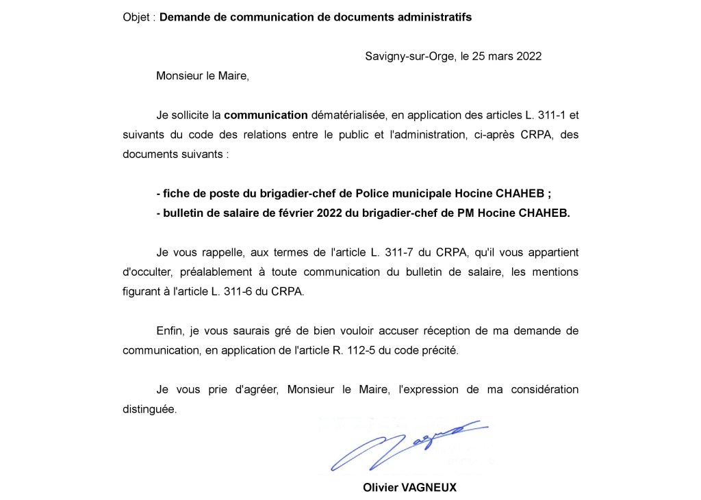 Je demande la communication de la fiche de poste et du bulletin de salaire de Hocine&nbsp;CHAHEB