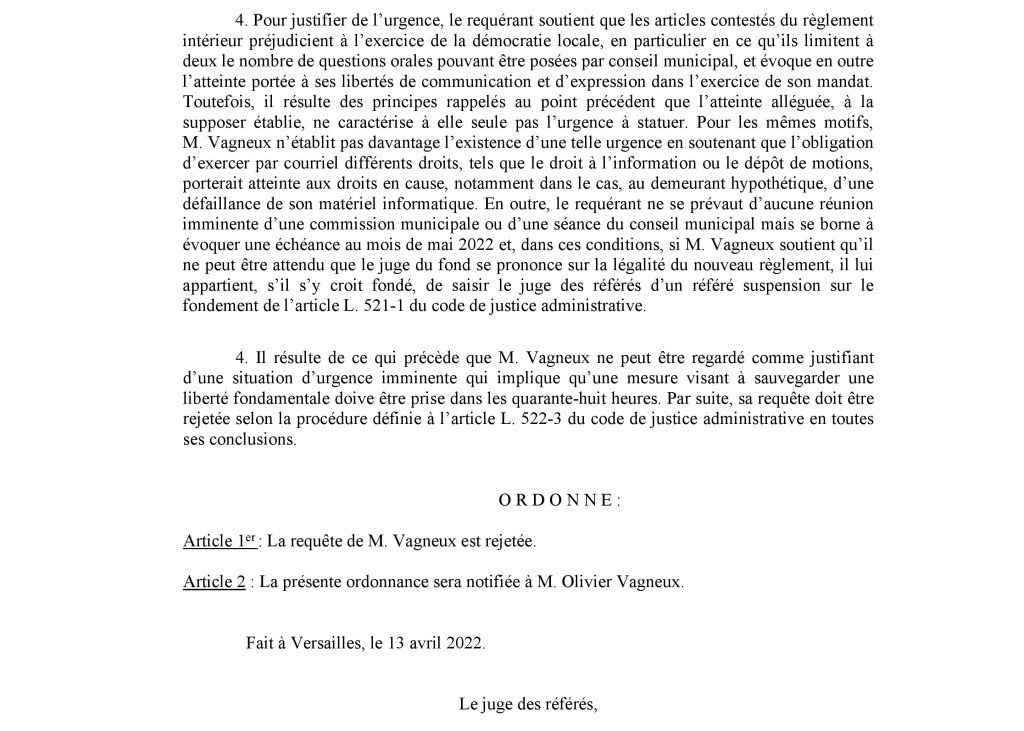 Règlement intérieur du Conseil municipal de Savigny-sur-Orge : le Tribunal administratif rejette mon référé liberté mais m&rsquo;invite à commettre un référé&nbsp;suspension
