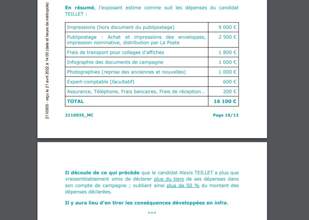Je demande au Tribunal l&rsquo;inéligibilité d&rsquo;Alexis TEILLET pour la fraude de ses comptes de campagne à l&rsquo;élection municipale&nbsp;2021