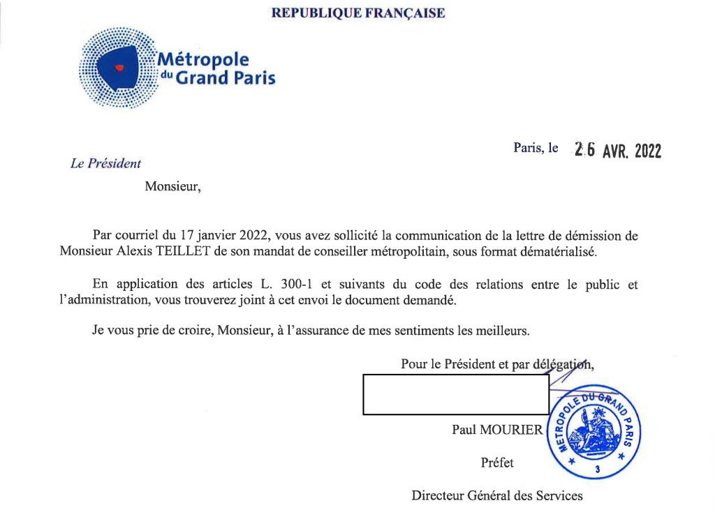 Alexis TEILLET démissionne de la Métropole du Grand-Paris, et commet au passage un détournement de bien&nbsp;public