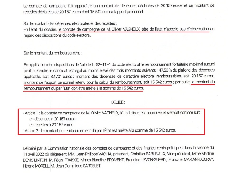 Municipale 2021 à Savigny-sur-Orge : la Commission des comptes de campagne valide intégralement le compte d&rsquo;Olivier VAGNEUX et lui rembourse la totalité de son apport&nbsp;personnel