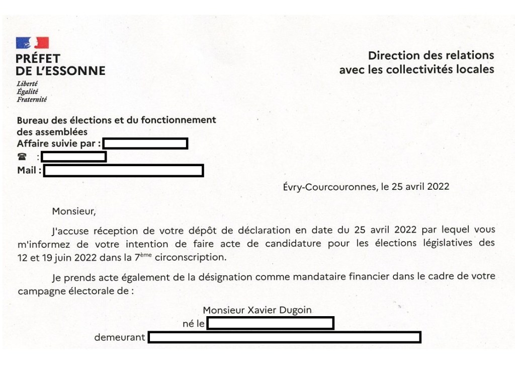 Olivier VAGNEUX a déclaré son mandataire financier pour l&rsquo;élection législative de 2022 sur la 7e circonscription de&nbsp;l&rsquo;Essonne