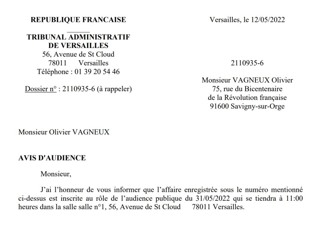 Merci Jean-Marc DEFRÉMONT ! (Compte-rendu de l&rsquo;audience publique au Tribunal administratif pour l&rsquo;affaire de la protestation électorale contre l&rsquo;élection municipale partielle 2021 à Savigny-sur-Orge)