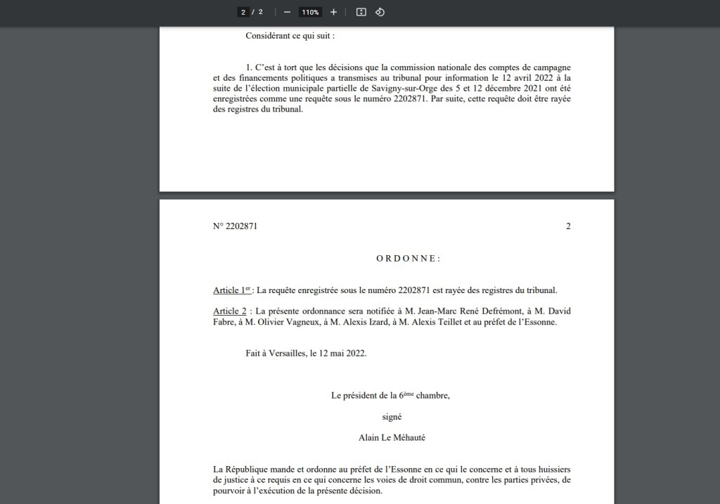 Municipale 2021 à Savigny-sur-Orge : le Tribunal administratif raye la protestation électorale de la Commission des comptes de campagnes des registres du&nbsp;Tribunal