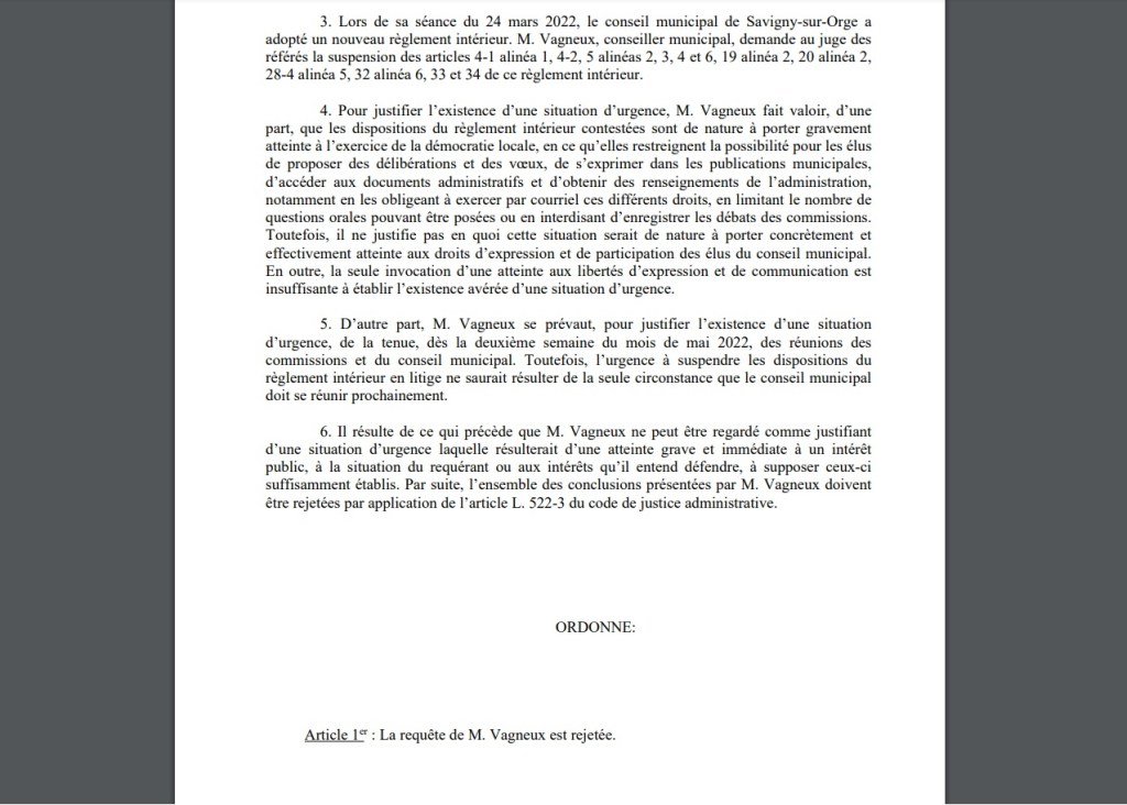 Demande de suspension du règlement intérieur du Conseil municipal de Savigny-sur-Orge : Olivier VAGNEUX se rétame encore devant le juge des référés… Toujours pour défaut d&rsquo;urgence…