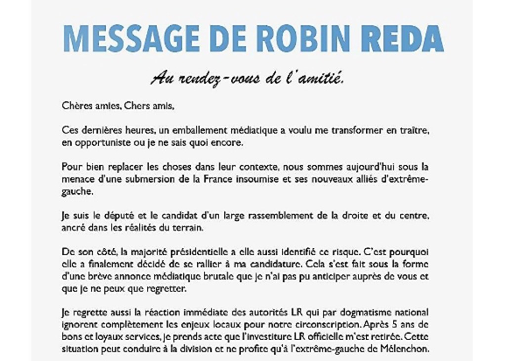 Robin REDA macroniste : combien de temps les militants LR locaux résisteront-ils à la menace du « péril rouge »&nbsp;?