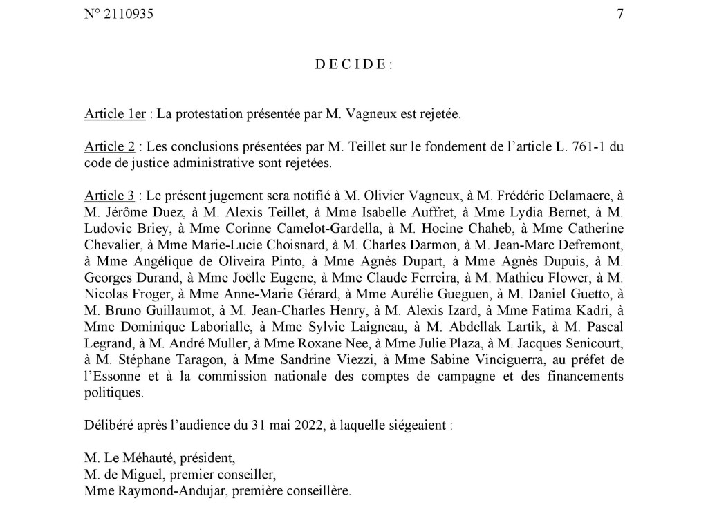 Municipale partielle 2021 à Savigny-sur-Orge : Olivier VAGNEUX n&rsquo;a pas fait appel devant le Conseil&nbsp;d&rsquo;État