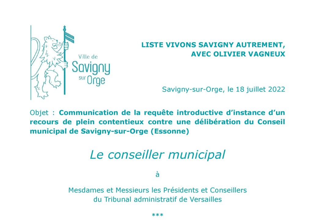 Mes requêtes contre la violation de mon droit d&rsquo;amendement au Conseil municipal de Savigny-sur-Orge par Alexis&nbsp;TEILLET
