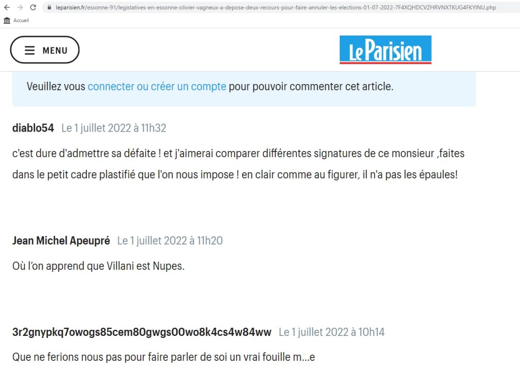 La presse parle de mes protestations électorales contre les élections législatives 2022 dans les 5e et 7e circonscriptions de&nbsp;l&rsquo;Essonne