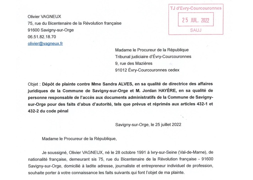 Ma plainte au Parquet contre Sandra ALVES (DAJ) et Jordan HAYÈRE (PRADA) pour abus d&rsquo;autorité