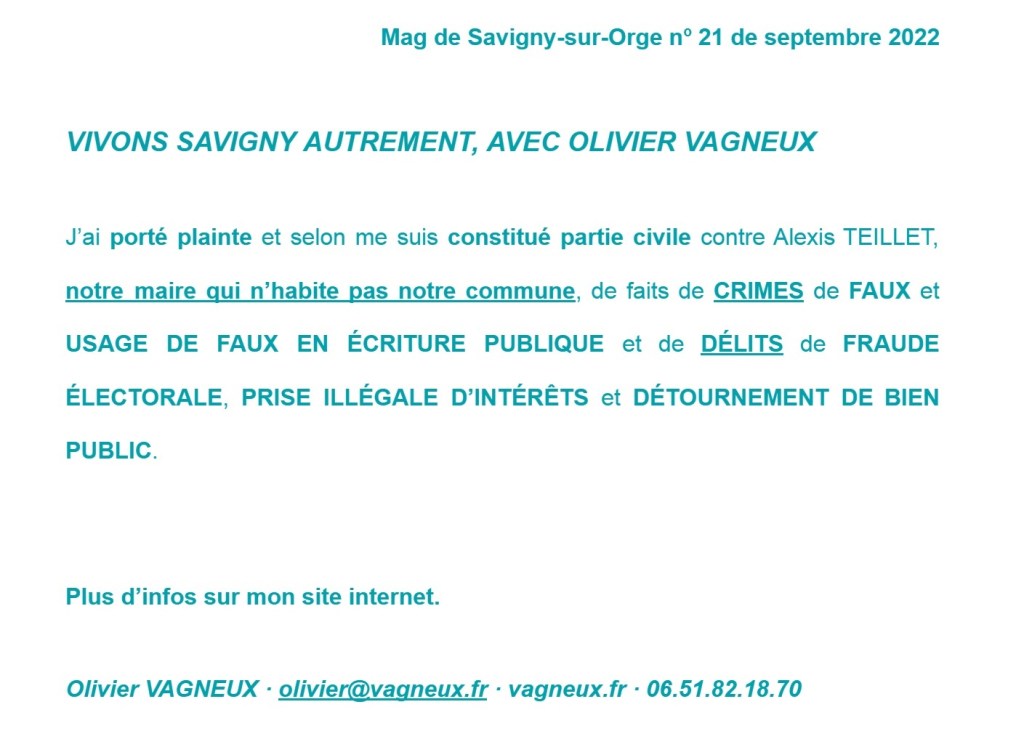 Le maire de Savigny-sur-Orge veut censurer ma tribune municipale de septembre 2022. Seulement qu&rsquo;il essaie ! Il se prendra un référé-liberté dans la&nbsp;gueule.