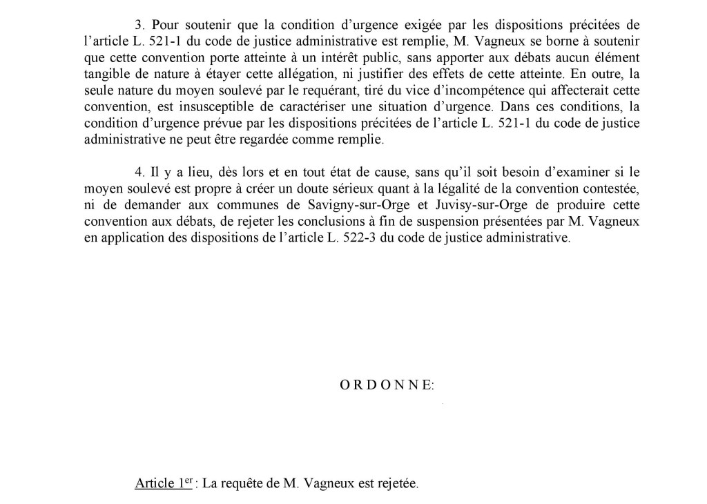 Olivier VAGNEUX échoue à faire suspendre la convention pluri-communale de mutualisation des polices municipales de Savigny-sur-Orge et de Juvisy-sur-Orge par le Tribunal&nbsp;administratif