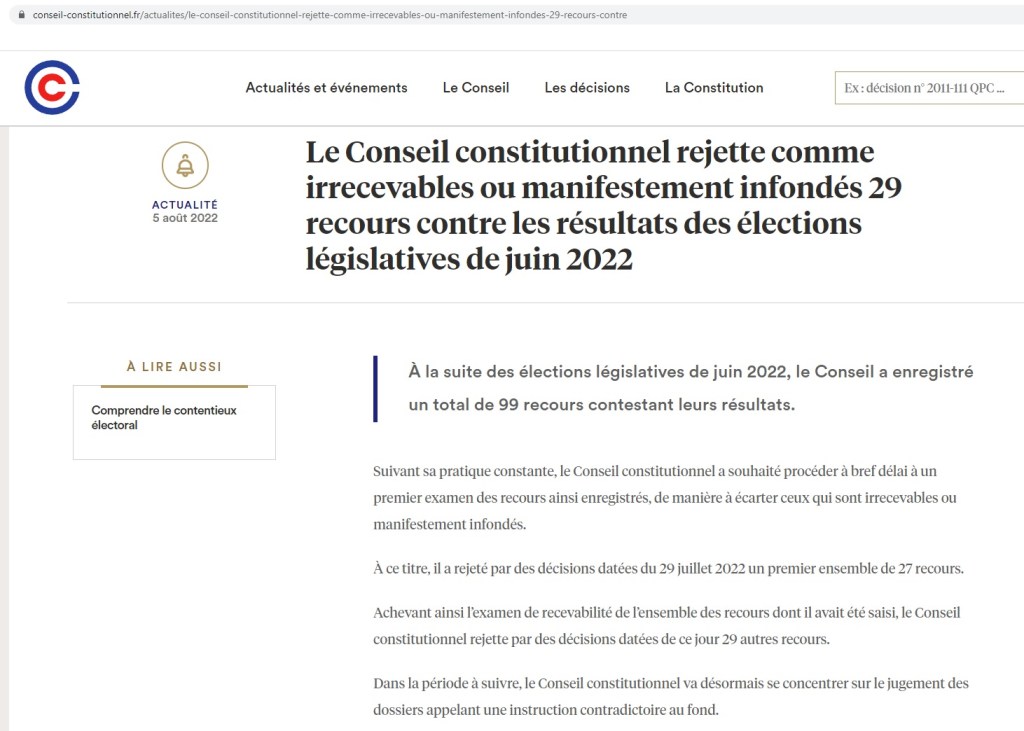 Législatives 2022 : le Conseil constitutionnel a achevé son examen de recevabilité. Restent 42 protestations dont les deux de votre serviteur. Mais pas celles de Gérald DAHAN ni de Francis&nbsp;LALANNE.