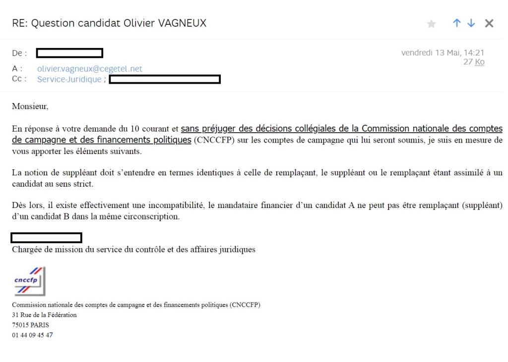 Scrutin uninominal : le suppléant/remplaçant d&rsquo;un candidat ne peut pas être le mandataire financier d&rsquo;un autre sur la même&nbsp;circonscription