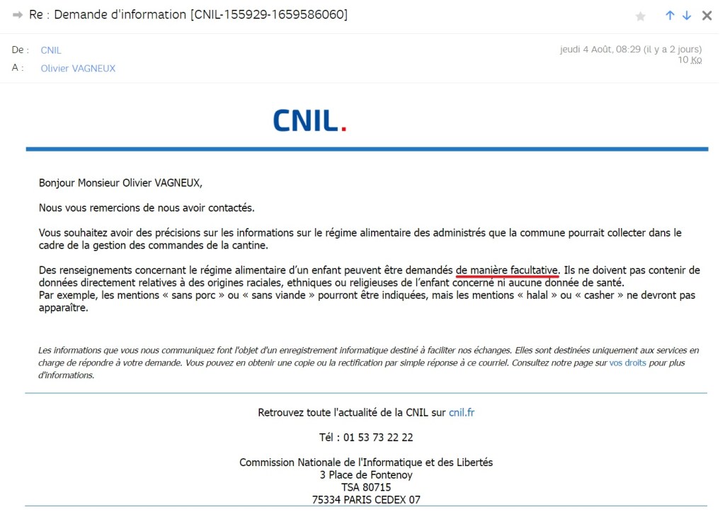 Parents de Savigny-sur-Orge, la CNIL m&rsquo;écrit que vous avez le DROIT de refuser de renseigner le régime alimentaire de vos enfants&nbsp;!!!