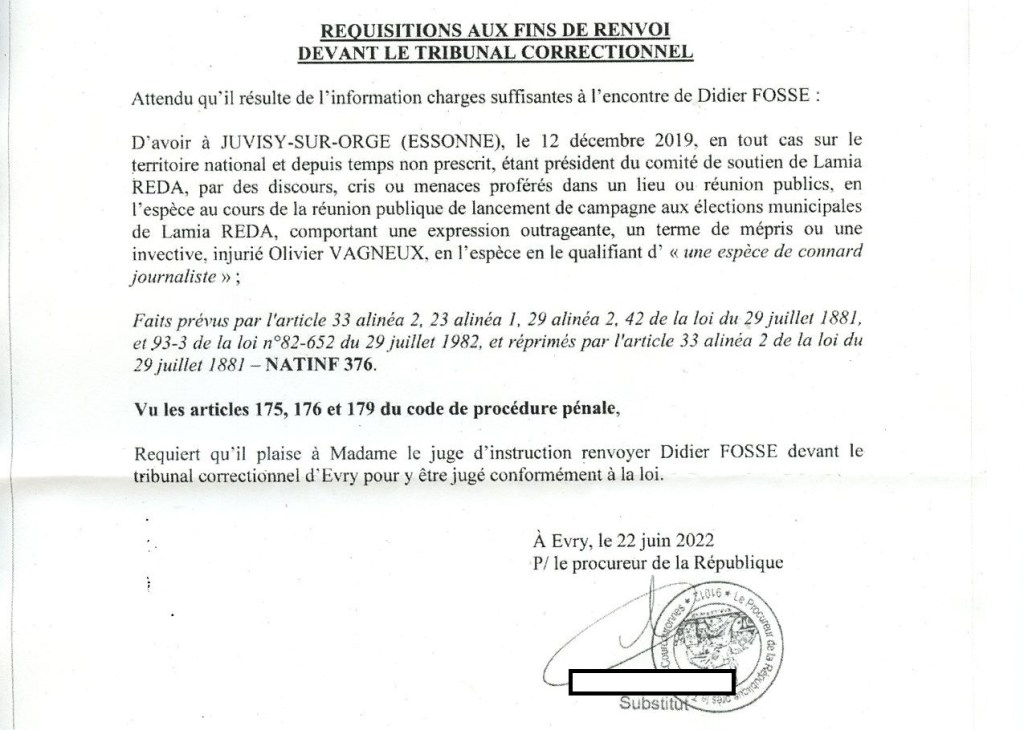 Le docteur Didier FOSSE, président du comité de soutien de Lamia BENSARSA REDA, a été mis en examen de faits d’injure&nbsp;publique