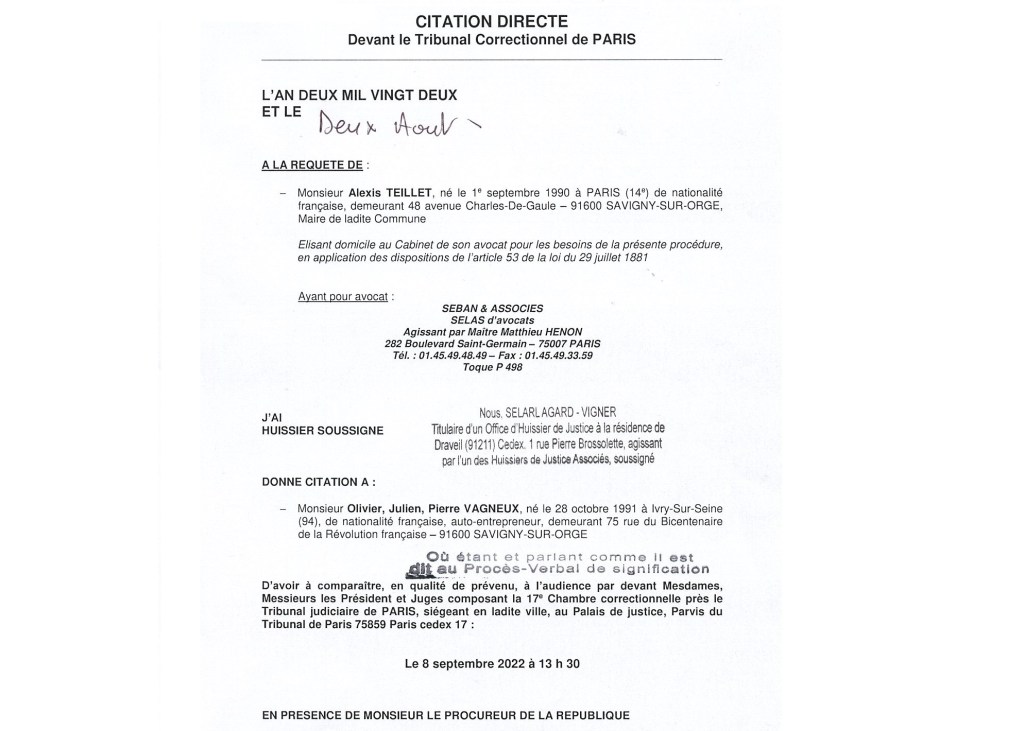 Sept mois et demi : le record d&rsquo;Alexis TEILLET avant de me citer à comparaître de faits d&rsquo;injures publiques (devant le Tribunal correctionnel de PARIS&nbsp;!)
