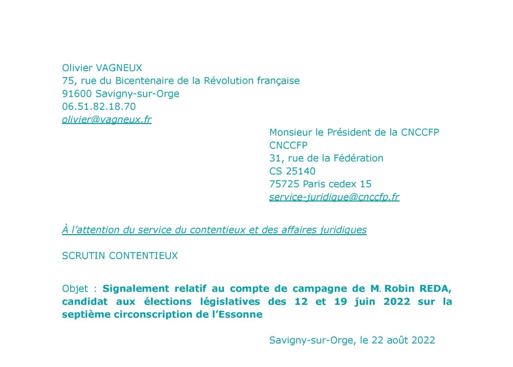 Législatives 2022 : mon signalement relatif au compte de campagne de Robin REDA pour infraction aux règles du financement&nbsp;électoral