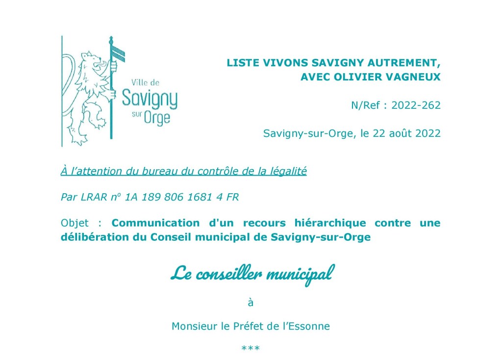 Savigny-sur-Orge : mon recours hiérarchique contre le règlement intérieur modifié des temps autour de&nbsp;l&rsquo;école