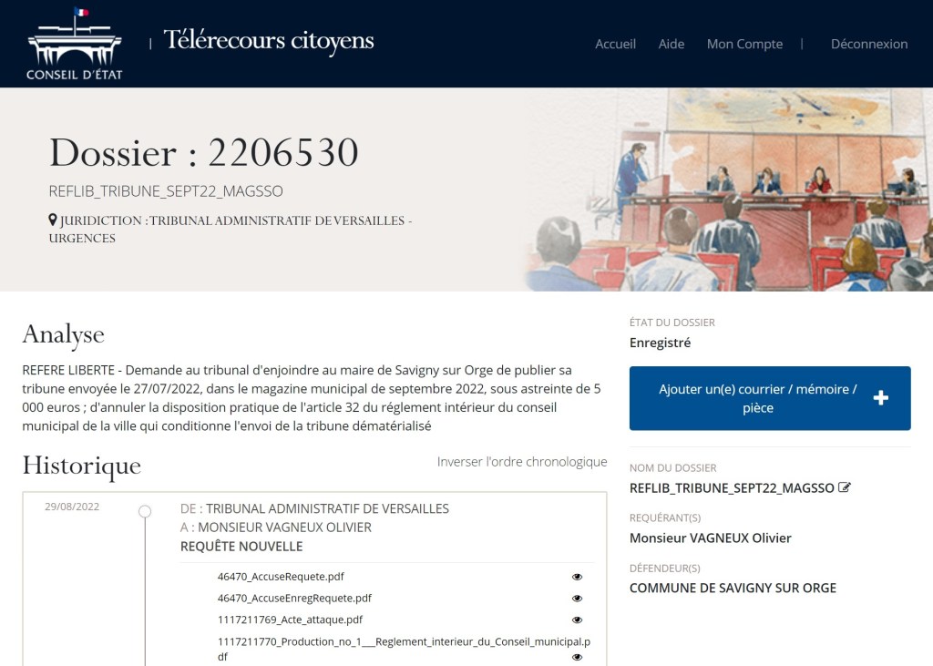 Mon référé liberté contre la censure par Alexis TEILLET de ma tribune dans le bulletin municipal de Savigny-sur-Orge