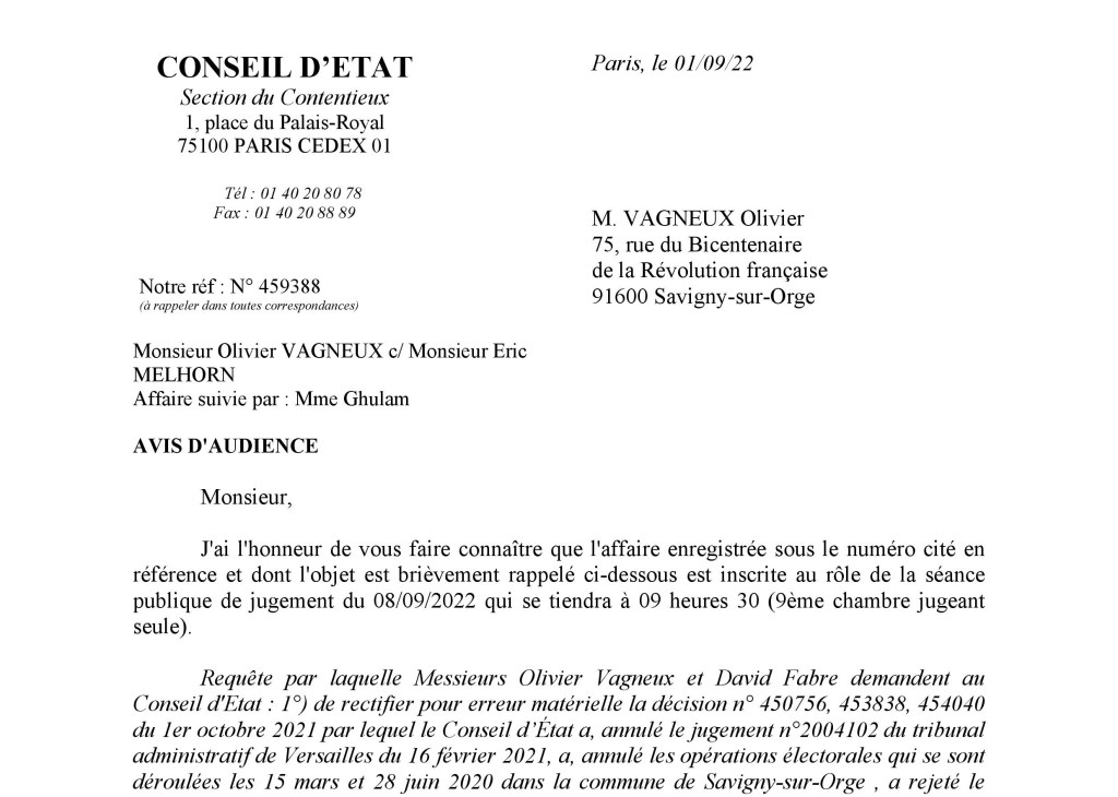 Demande d&rsquo;inéligibilité d&rsquo;Alexis IZARD : l&rsquo;audience au Conseil d&rsquo;État aura lieu le jeudi 8 septembre 2022 – le délibéré sera connu le 29 septembre&nbsp;2022