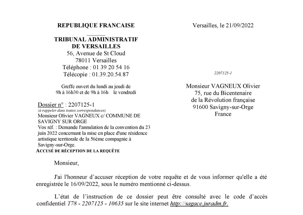 Ma requête contre la convention de mise en place d&rsquo;une résidence artistique territoriale de la 56eme compagnie à Savigny-sur-Orge