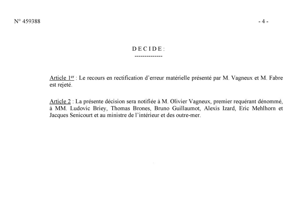 Le recours en rectification d&rsquo;erreur matérielle de David FABRE et Olivier VAGNEUX, demandant l&rsquo;inéligibilité d&rsquo;Alexis IZARD, rejeté par le Conseil&nbsp;d&rsquo;État