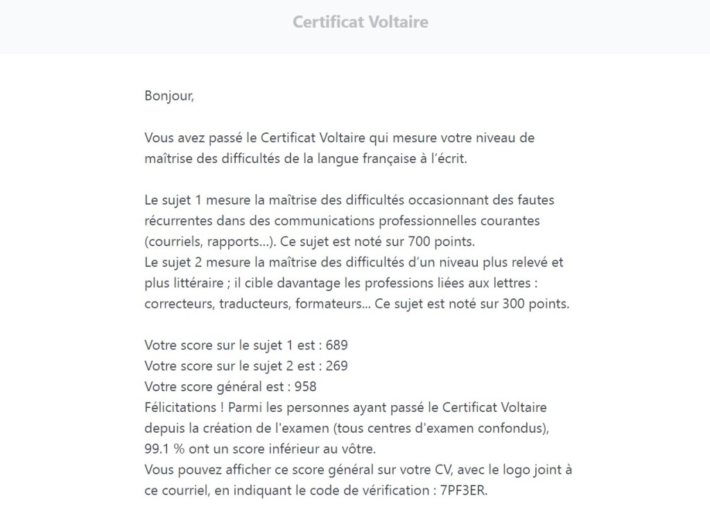 7 septembre 2022 : je fête mon premier anniversaire de certificat Voltaire (958 sur 1&nbsp;000)