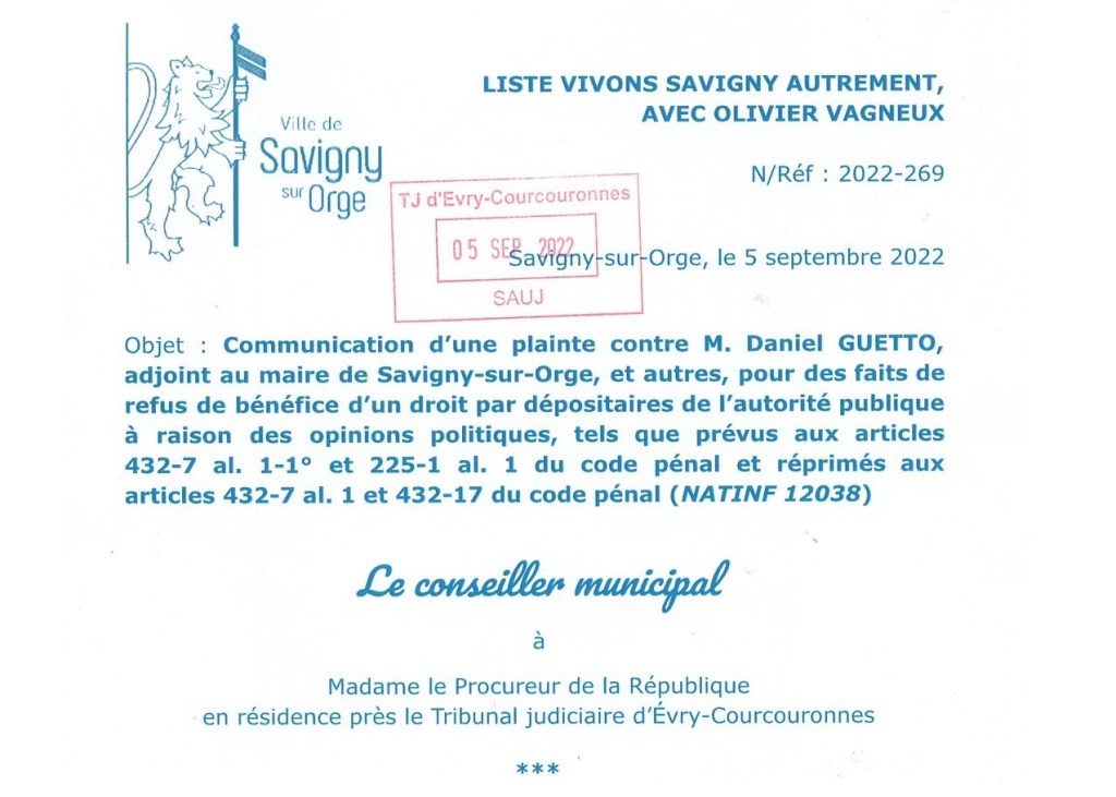 Ma plainte contre Alexis TEILLET et Daniel GUETTO pour refus de bénéfice d’un droit par dépositaires de l’autorité publique à raison des opinions politiques (NATINF&nbsp;12038)