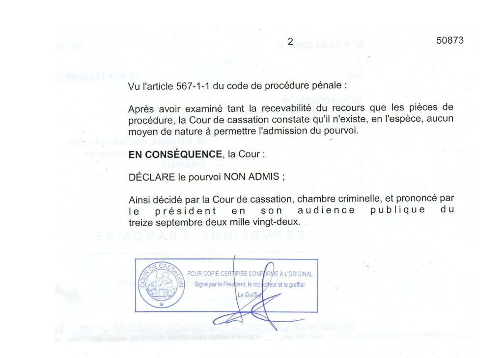 La Cour de cassation n&rsquo;admet pas un de mes pourvois, mais j&rsquo;ai réussi à en dépasser l&rsquo;irrecevabilité, dont la responsabilité serait revenue à Philippe BISWANG, commissaire de Justice à Savigny-sur-Orge