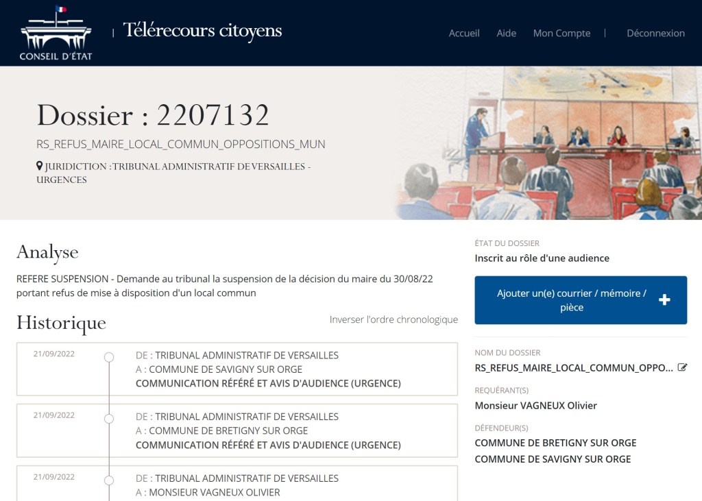 Olivier VAGNEUX obtient une audience en référé-suspension face au refus d&rsquo;Alexis TEILLET de mettre un local commun à destination de ses oppositions municipales (article L. 2121-27 du&nbsp;CGCT)