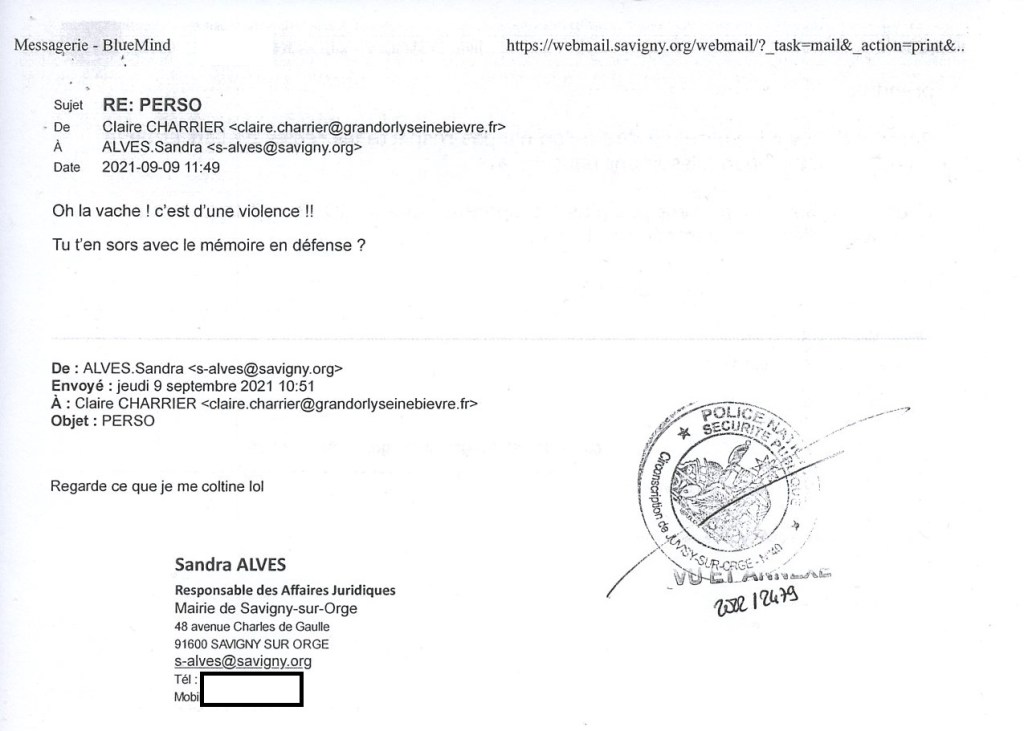 Quand Sandra ALVES, directrice des affaires juridiques de Savigny-sur-Orge, divulguait mes courriers administratifs auprès de tiers, pour se moquer de&nbsp;moi…