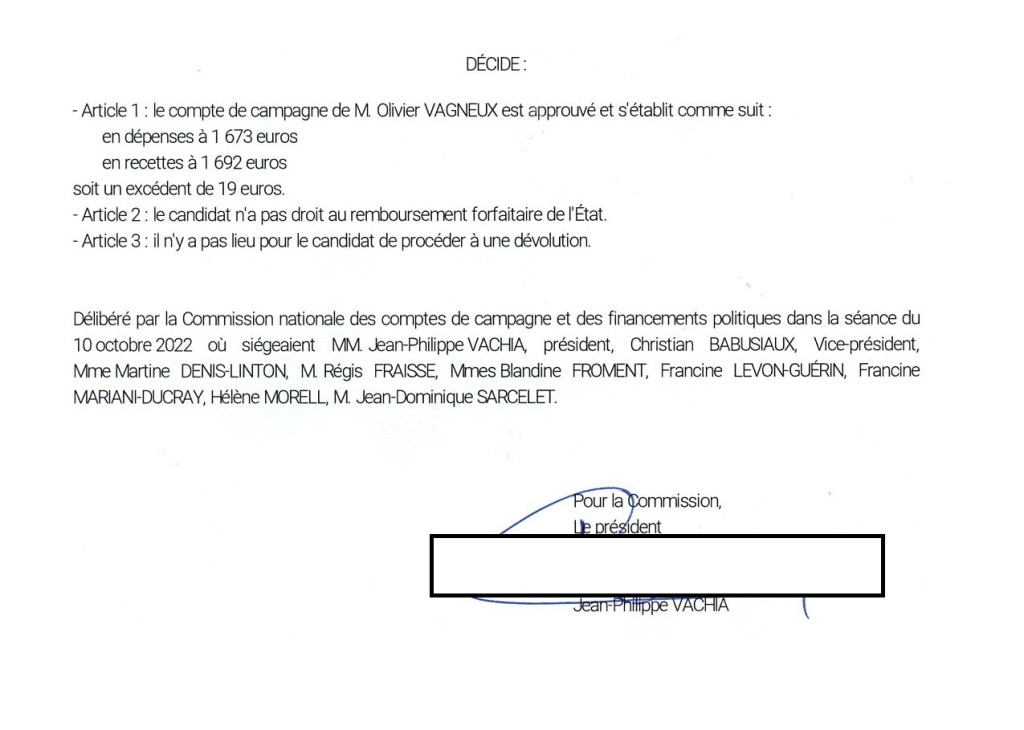 Législatives 2022 : les comptes de campagne d&rsquo;Olivier VAGNEUX et de Jean-Marie CORBIN intégralement validés ; aucune dévolution à&nbsp;réaliser