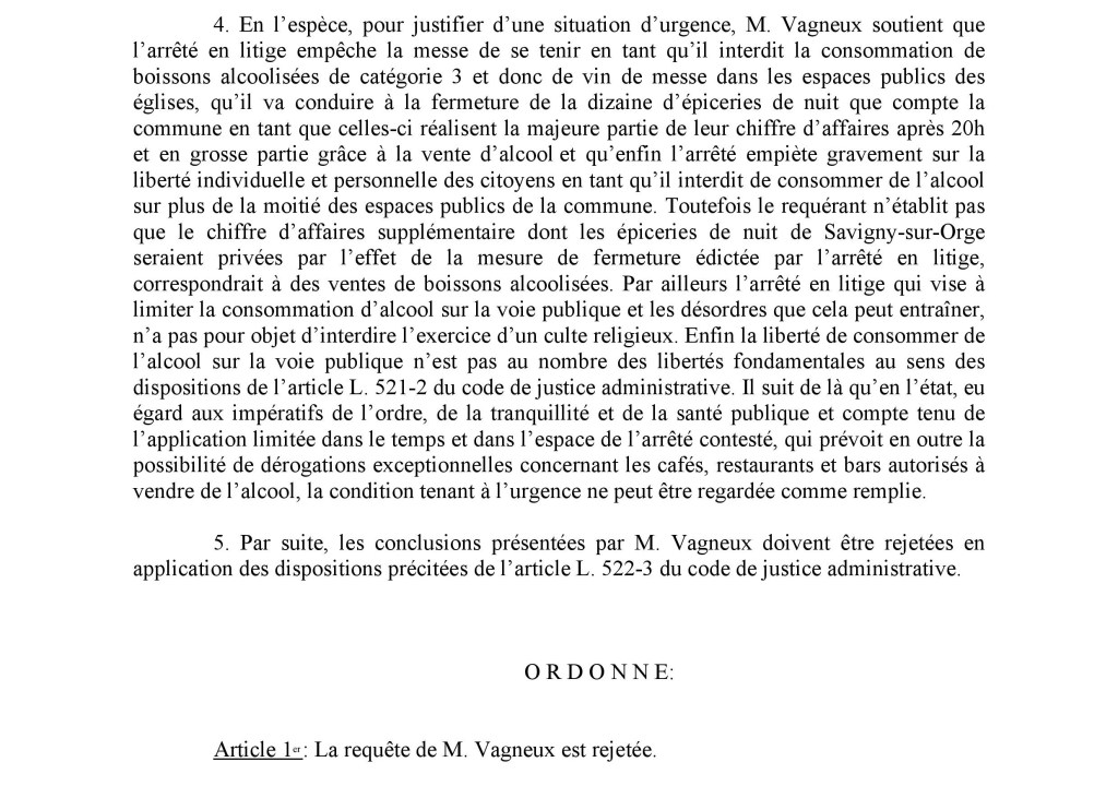 Désolé ; y aura pas d&rsquo;alcool au 11 novembre 2022 à Savigny-sur-Orge… Olivier VAGNEUX échoue en référé&nbsp;liberté