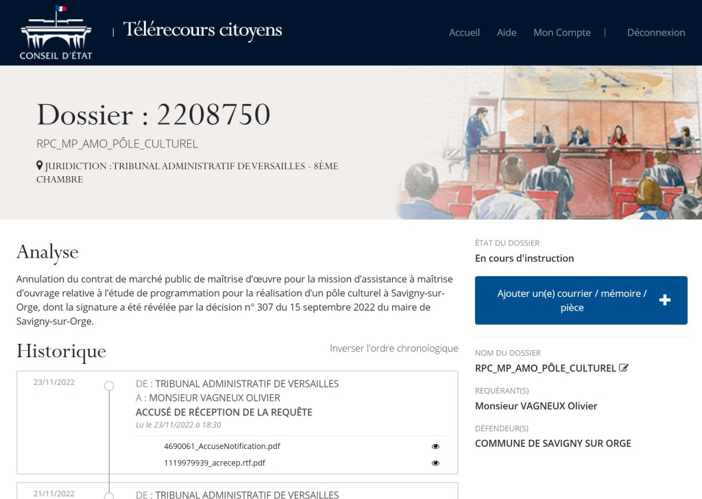 J&rsquo;ai déféré le contrat du marché public de maîtrise d&rsquo;ouvrage (ABCD SAS, NOE Pierre, ARTSCENO SARL) du pôle culturel de Savigny pour incompétence matérielle d&rsquo;Alexis&nbsp;TEILLET