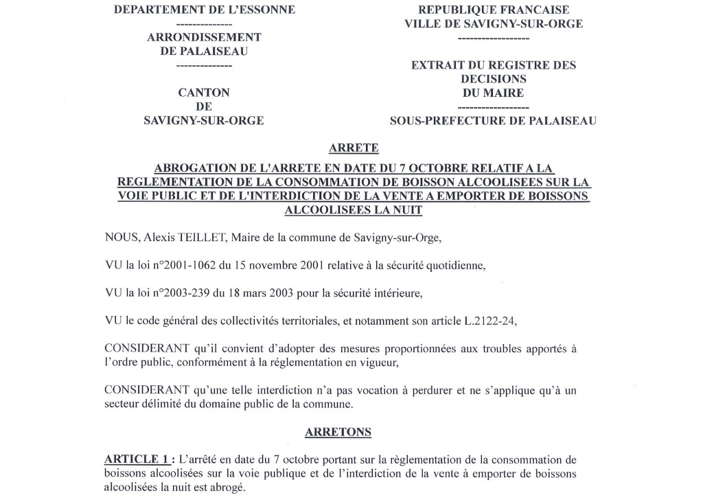 Droit de suite : Alexis TEILLET a abrogé son arrêté interdisant la consommation d&rsquo;alcool à Savigny-sur-Orge