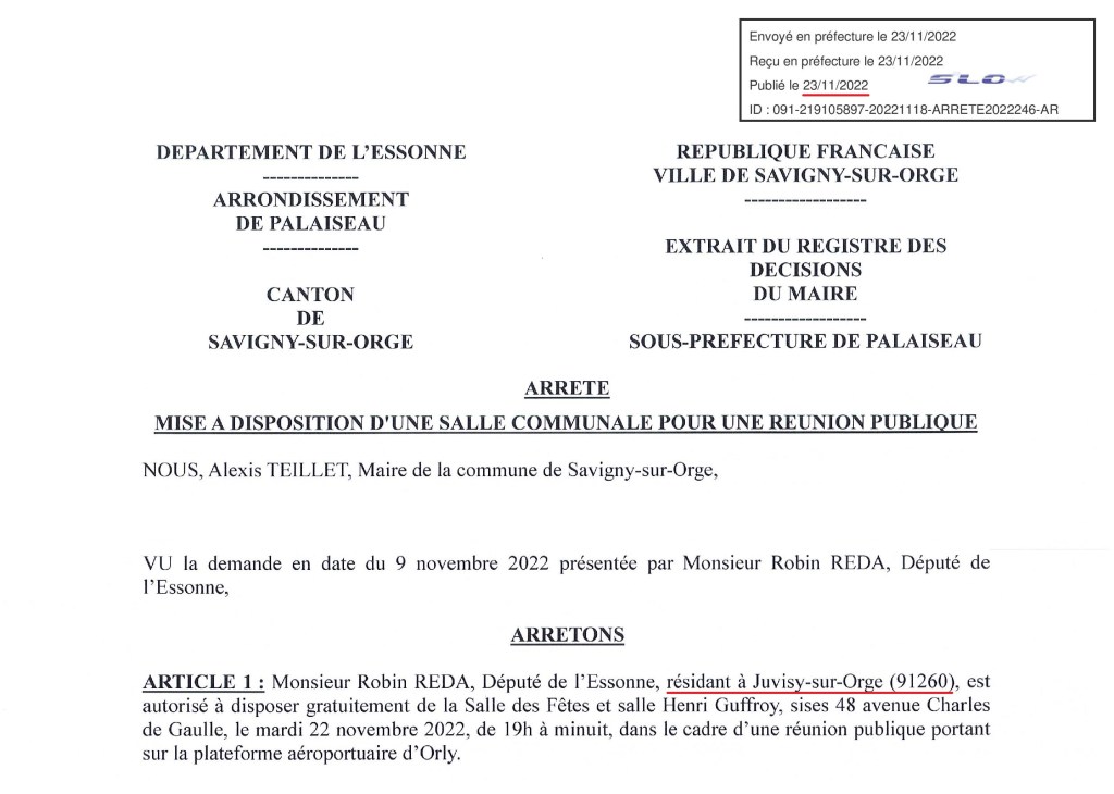 Alexis TEILLET, tu pourrais au moins avoir l&rsquo;intelligence de correctement antidater tes actes… (Le député Robin REDA n&rsquo;était pas autorisé à disposer de la salle des&nbsp;fêtes…)