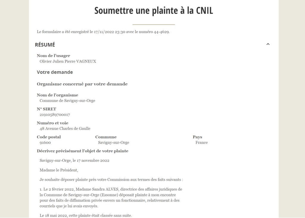Ma plainte à la CNIL contre Sandra ALVES, directrice des affaires juridiques de la Commune de Savigny-sur-Orge, qui partage et commente les correspondances professionnelles qu’elle&nbsp;reçoit…
