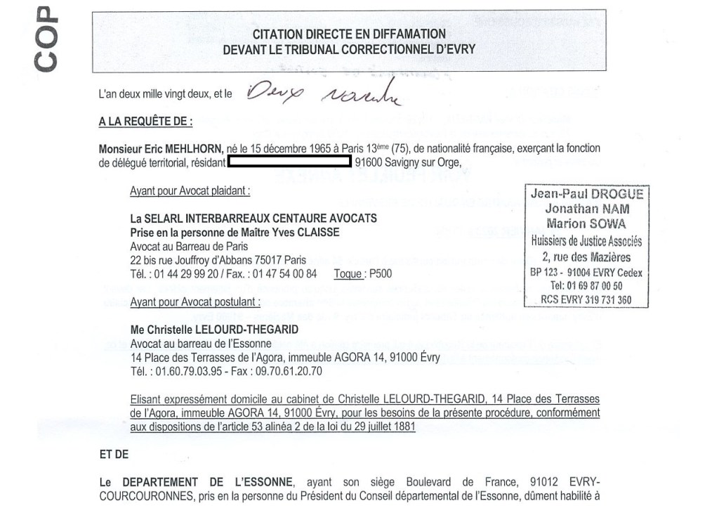 Le Département de l&rsquo;Essonne (et Éric MEHLHORN) citent Olivier VAGNEUX à comparaître pour diffamation (parce qu&rsquo;il a dénoncé l’embauche de MEHLHORN au Département pour 4 225 euros mensuels&nbsp;net)