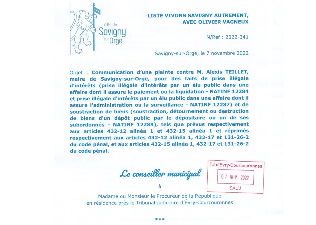 Ma plainte contre Alexis TEILLET, maire de Savigny-sur-Orge, pour la prise illégale d&rsquo;intérêts de sa protection&nbsp;fonctionnelle
