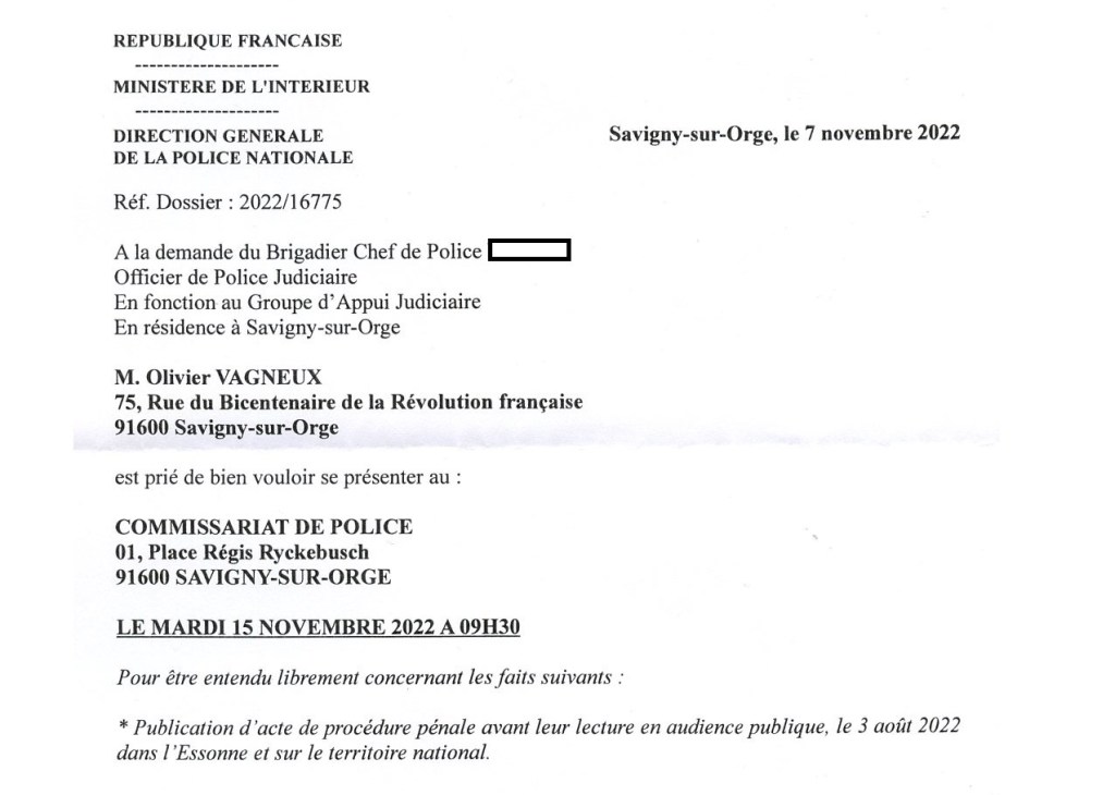 Olivier VAGNEUX encore poursuivi, cette fois pour avoir publié la citation à comparaître d’Alexis TEILLET de faits d’injures&nbsp;publiques