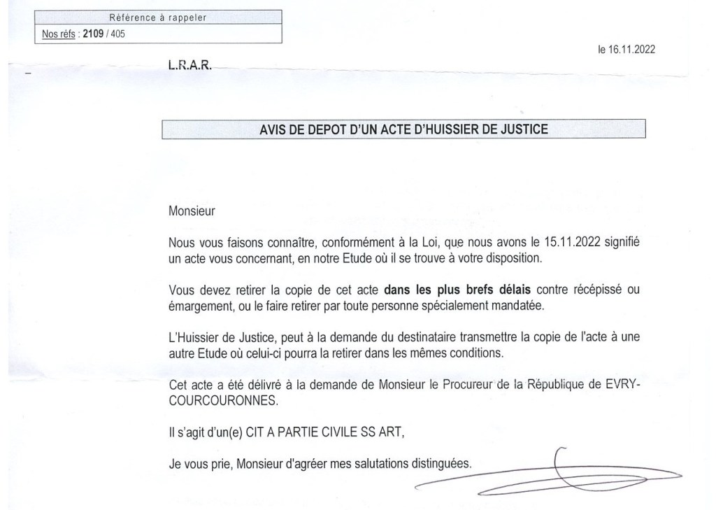 Le Parisien de l&rsquo;Essonne cité à comparaître le 13 décembre 2022 pour répondre de faits de diffamation publique envers Olivier&nbsp;VAGNEUX
