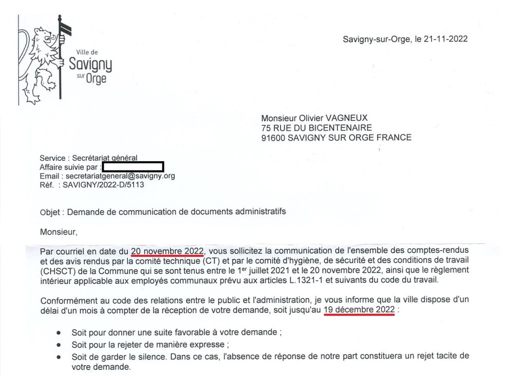 Petite victoire : le secrétariat général de la mairie de Savigny-sur-Orge a appris à compter les jours pour répondre à une demande de communication de documents&nbsp;administratifs