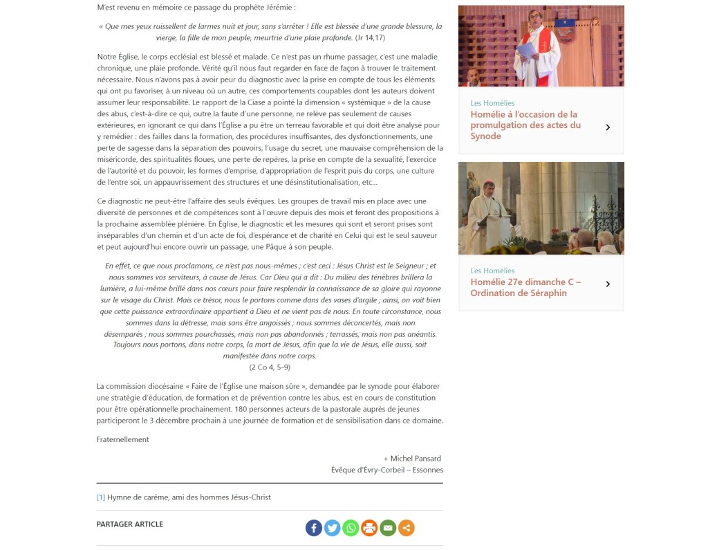 En colère après Mgr Michel PANSARD qui veut résoudre la pédocriminalité du clergé en formant les&nbsp;laïcs