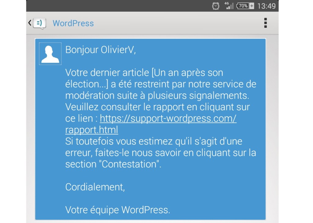 Fraude : attention aux faux SMS signés WordPress !!! (Support&nbsp;WordPress)