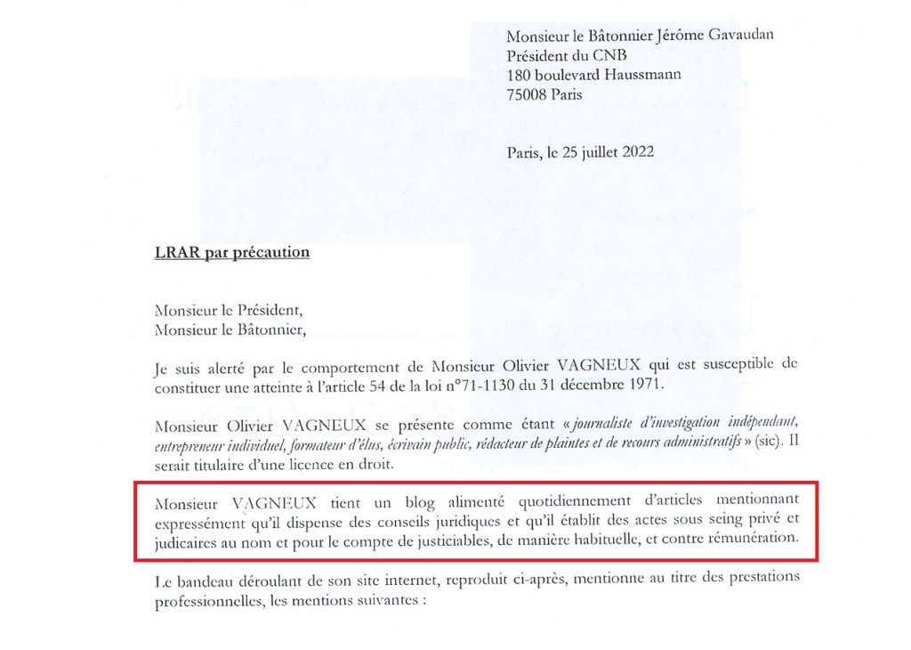 Quand Me Arthur FABRE, avocat du député Robin REDA, dénonce Olivier VAGNEUX au bâtonnier, président de la Conférence nationale des barreaux, pour exercice illégal de la profession&nbsp;d’avocat