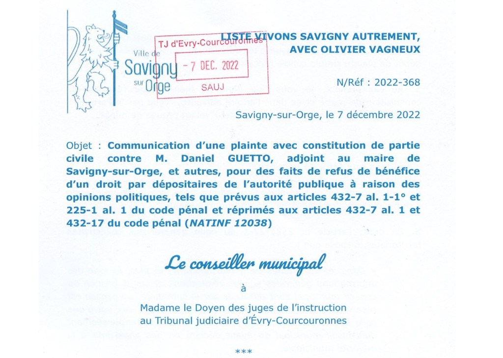 Je me constitue partie civile contre Daniel GUETTO qui a refusé de publier ma tribune&nbsp;municipale